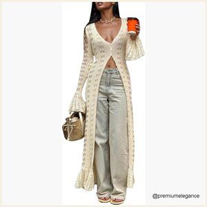 Long Cardigan Sweater Maxi Dress Crochet Hollow Out Button Down Boho